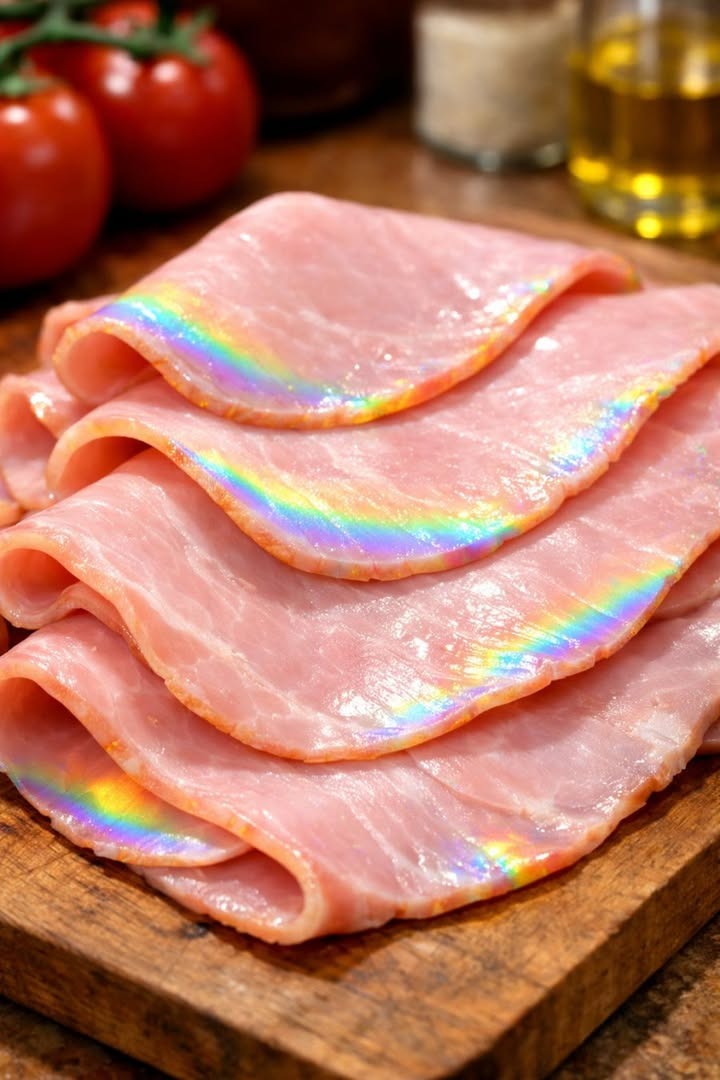 Pulled deli ham from the fridge and noticed a rainbow-like shine on the slices. Is that normal?