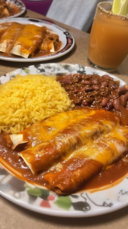 Two Cheese Enchiladas with Chile Con Carne Sauce; All Beef Tamale