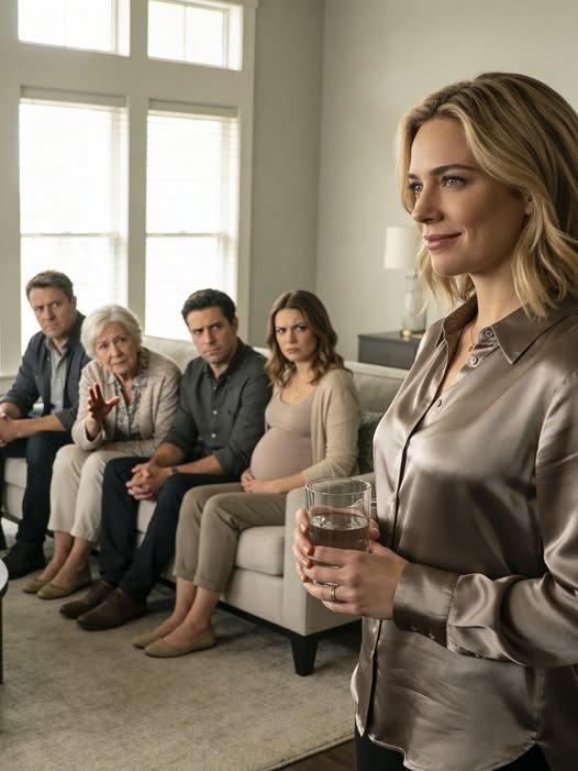 Cuando el embarazo de mi marido terminó en embarazo, toda su familia se reunió en mi sala de estar y exigió que me fuera de la casa. No levanté la voz. No discutí. Simplemente sonreí y dije una frase.