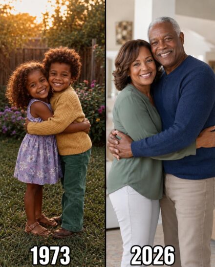 Ultra-realistic side-by-side comparison portrait collage, photorealistic African-American family life progression storytelling, cinematic realism, warm golden-hour lighting, shallow depth of field, ultra-detailed dark skin textures, realistic proportions, emotional lifestyle photography aesthetic, 8k realism. LEFT PANEL — childhood photo from 1973: In a peaceful suburban backyard garden during golden sunset, two adorable African-American children stand closely together hugging each other with joyful smiles. The little girl has warm deep-brown skin and curly reddish-brown hair, wearing a sleeveless yellow floral summer dress and brown sandals. The little boy has soft dark-brown skin and messy curly light-brown hair, wearing a textured blue knit sweater, brown pants, and casual shoes. Around them are blooming flowers, green grass, wooden fences, and softly blurred trees glowing in warm evening sunlight. The atmosphere feels nostalgic, innocent, and heartwarming. At the bottom center of the left panel is a bold white date label outlined in black reading “1973”. RIGHT PANEL — adult portrait from 2026: Inside a bright elegant modern home with soft neutral-toned walls and blurred contemporary decor, the same African-American couple now older stands together embracing warmly while smiling directly toward the camera. The mature African-American woman has smooth medium-brown skin and shoulder-length softly curled brown hair, wearing a dark navy-blue blouse and light beige pants. The mature African-American man has rich brown skin and short silver-gray hair, wearing a textured light-gray knit sweater and blue jeans. Their arms are wrapped around each other affectionately, conveying lifelong love and companionship. Soft natural indoor lighting, cozy emotional atmosphere, realistic lifestyle portrait photography. At the bottom center of the right panel is a bold white date label outlined in black reading “2026”. Vertical split-screen composition with a thin black divider between both timelines, matching emotional connection between childhood and adulthood, cinematic family storytelling, realistic photography details, highly emotional nostalgic atmosphere. Aspect ratio 928:1152.