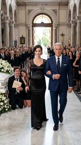 He shoved my nine-month pregnant body off the freezing cliff, laughing as he claimed the $50 million life insurance. Now, at my fake funeral, he smirked at his mistress, his pen hovering over the settlement check. “They both froze to death,” he whispered. Suddenly, the cathedral doors violently burst open. I walked down the aisle, clutching my heavy belly, my scarred face held high, arm-in-arm with the Insurance Group’s billionaire CEO—my biological father…